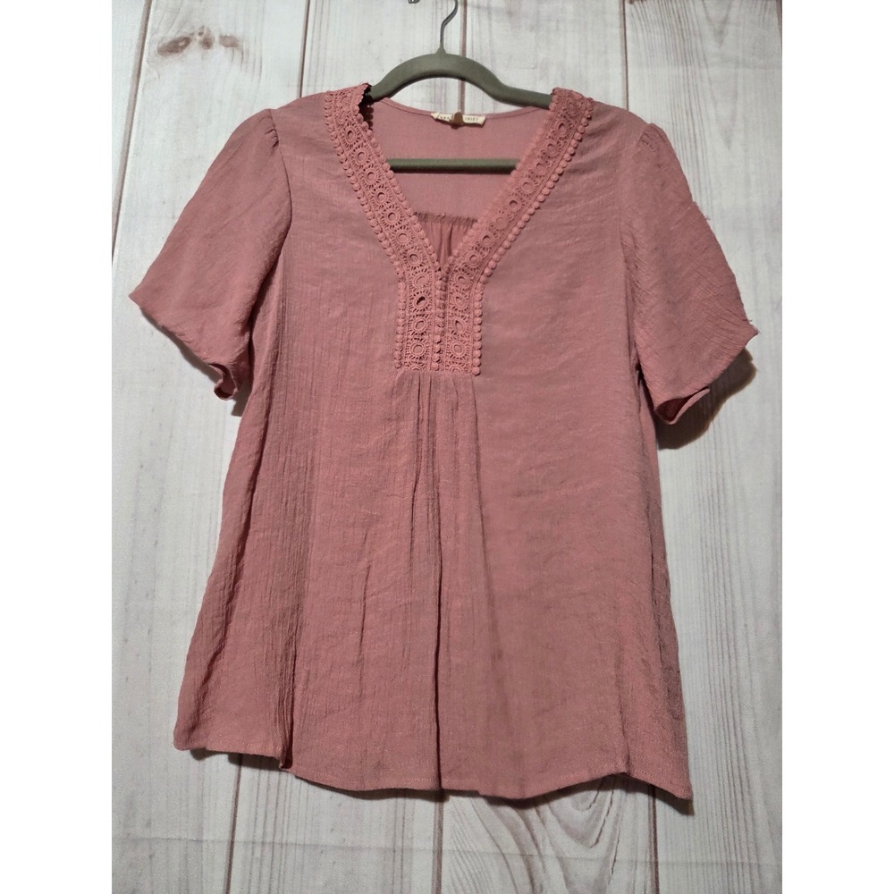 Parallel Skies Women Pink Crochet V-Neck Short Sleeve Blouse M Boho Cottagecore